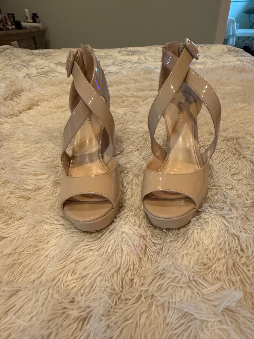Limelight Nude Patent Crisscross Platform Sandals - Women's